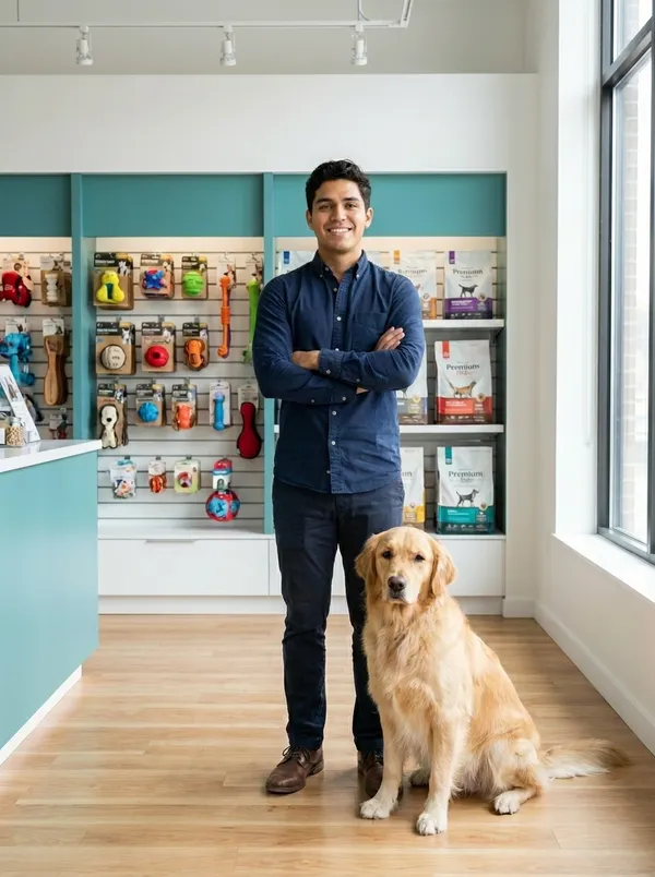 Franquiciatario orgulloso en su tienda CoolPet Spot® con un Golden Retriever