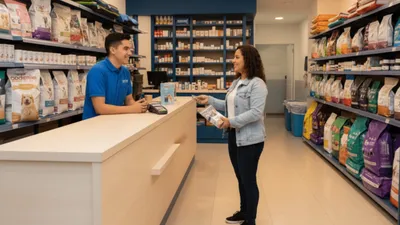 Interior de una CoolPet FarmaSpot® — empleado atendiendo a una clienta en el mostrador