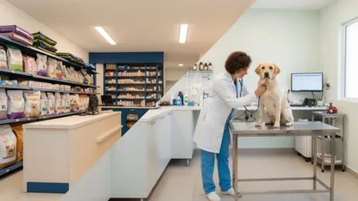 Consultorio CoolPet FarmaVet® — veterinaria revisando a un perro con tienda al fondo