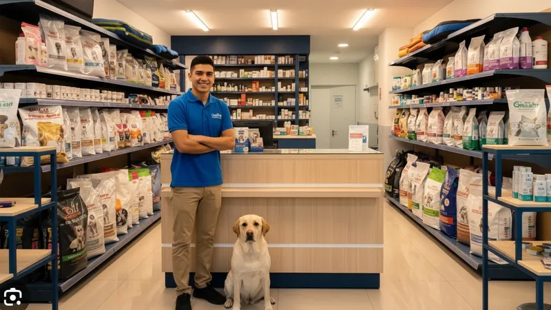 Franquiciatario CoolPet Spot® en su tienda con un Labrador
